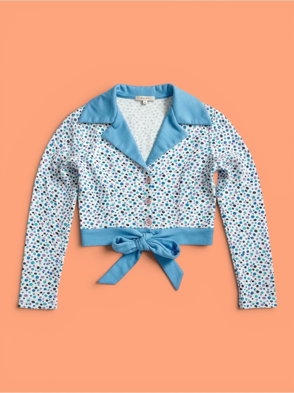 Cropped Polka Dot Tie-Front Cardigan in Blue